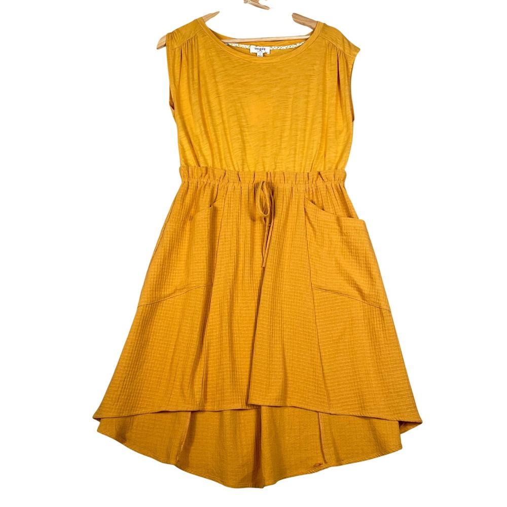 Umgee Mustard Yellow High Low Dress Waffle Knit Pockets Drawstring Waist Small